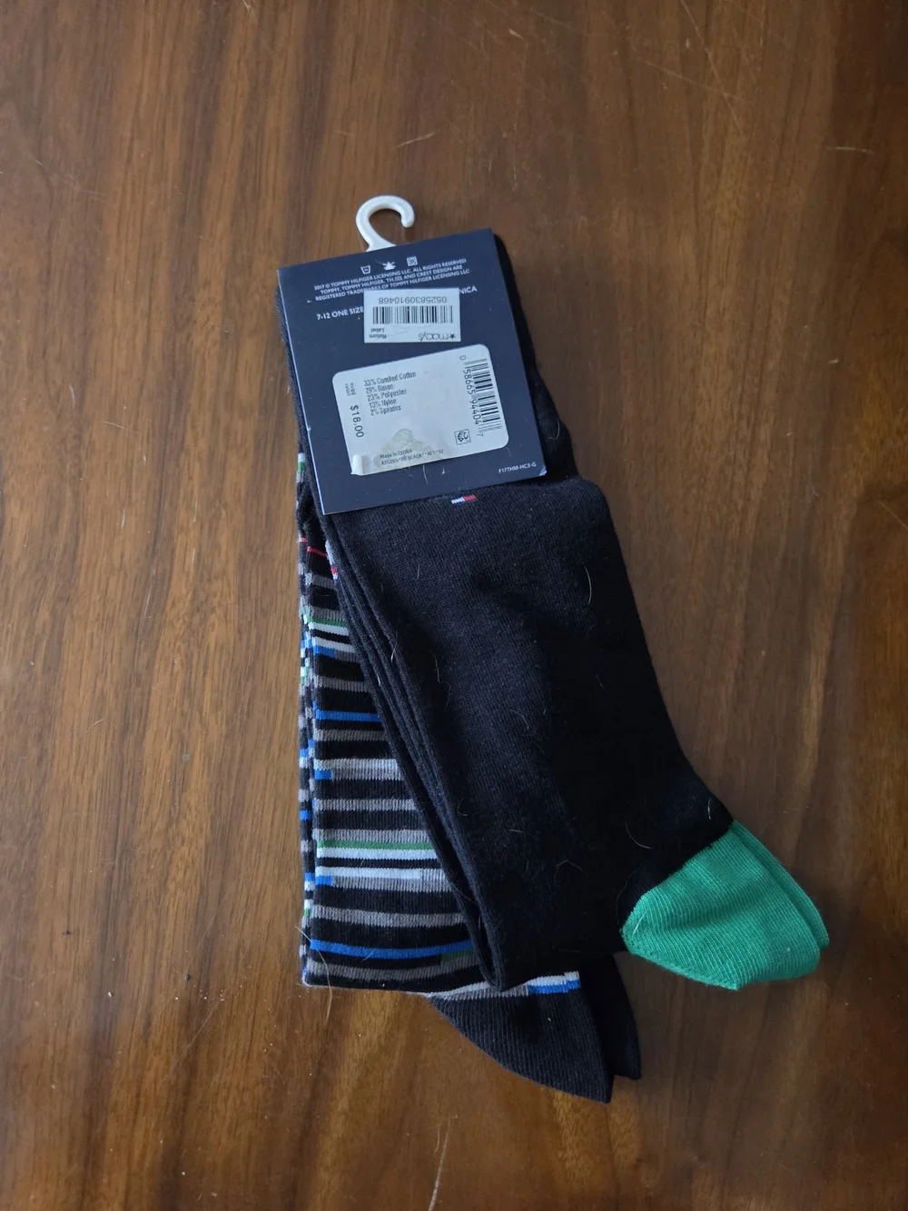 Tommy Hilfiger Men’s Black Crew Socks with Teal & Blue Stripes